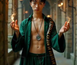 AI-generated wizards of the serpent house handsome shirtless mages of the wizard academy conjuring demonic snakes in dark cinematic UHD fantasy art.