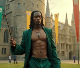AI-generated wizards of the serpent house handsome shirtless mages of the wizard academy conjuring demonic snakes in dark cinematic UHD fantasy art.