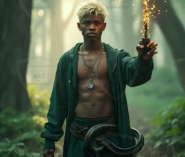 AI-generated wizards of the serpent house handsome shirtless mages of the wizard academy conjuring demonic snakes in dark cinematic UHD fantasy art.