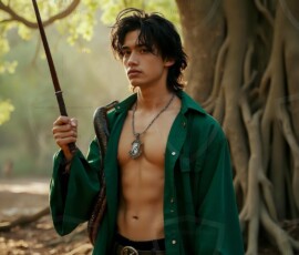 AI-generated wizards of the serpent house handsome shirtless mages of the wizard academy conjuring demonic snakes in dark cinematic UHD fantasy art.