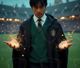 AI-generated wizards of the serpent house handsome shirtless mages of the wizard academy conjuring demonic snakes in dark cinematic UHD fantasy art.