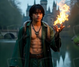AI-generated wizards of the serpent house handsome shirtless mages of the wizard academy conjuring demonic snakes in dark cinematic UHD fantasy art.