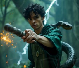 AI-generated wizards of the serpent house handsome shirtless mages of the wizard academy conjuring demonic snakes in dark cinematic UHD fantasy art.