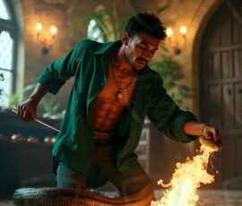 AI-generated wizards of the serpent house handsome shirtless mages of the wizard academy conjuring demonic snakes in dark cinematic UHD fantasy art.