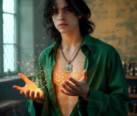 AI-generated wizards of the serpent house — handsome shirtless mages of the wizard academy conjuring demonic snakes in dark cinematic UHD fantasy art.