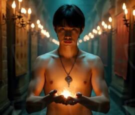AI-generated wizards of the serpent house handsome shirtless mages of the wizard academy conjuring demonic snakes in dark cinematic UHD fantasy art.