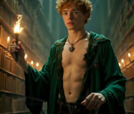 AI-generated wizards of the serpent house handsome shirtless mages of the wizard academy conjuring demonic snakes in dark cinematic UHD fantasy art.