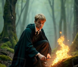 AI-generated wizards of the serpent house handsome shirtless mages of the wizard academy conjuring demonic snakes in dark cinematic UHD fantasy art.