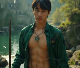 AI-generated wizards of the serpent house handsome shirtless mages of the wizard academy conjuring demonic snakes in dark cinematic UHD fantasy art.