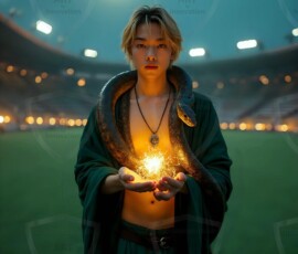 AI-generated wizards of the serpent house handsome shirtless mages of the wizard academy conjuring demonic snakes in dark cinematic UHD fantasy art.