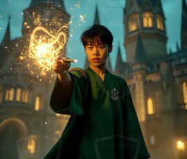 AI-generated wizards of the serpent house handsome shirtless mages of the wizard academy conjuring demonic snakes in dark cinematic UHD fantasy art.