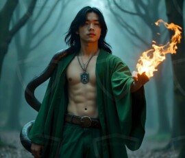 AI-generated wizards of the serpent house — handsome shirtless mages of the wizard academy conjuring demonic snakes in dark cinematic UHD fantasy art.