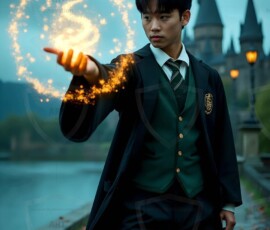 AI-generated wizards of the serpent house handsome shirtless mages of the wizard academy conjuring demonic snakes in dark cinematic UHD fantasy art.