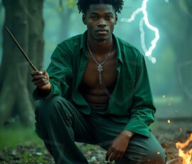 AI-generated wizards of the serpent house handsome shirtless mages of the wizard academy conjuring demonic snakes in dark cinematic UHD fantasy art.