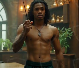 AI-generated wizards of the serpent house handsome shirtless mages of the wizard academy conjuring demonic snakes in dark cinematic UHD fantasy art.