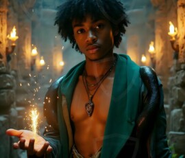 AI-generated wizards of the serpent house handsome shirtless mages of the wizard academy conjuring demonic snakes in dark cinematic UHD fantasy art.