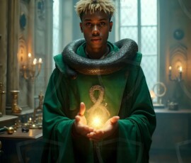 AI-generated wizards of the serpent house handsome shirtless mages of the wizard academy conjuring demonic snakes in dark cinematic UHD fantasy art.