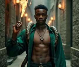 AI-generated wizards of the serpent house handsome shirtless mages of the wizard academy conjuring demonic snakes in dark cinematic UHD fantasy art.