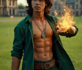 AI-generated wizards of the serpent house handsome shirtless mages of the wizard academy conjuring demonic snakes in dark cinematic UHD fantasy art.