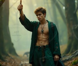 AI-generated wizards of the serpent house handsome shirtless mages of the wizard academy conjuring demonic snakes in dark cinematic UHD fantasy art.