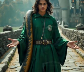 AI-generated wizards of the serpent house handsome shirtless mages of the wizard academy conjuring demonic snakes in dark cinematic UHD fantasy art.