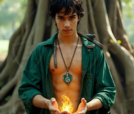AI-generated wizards of the serpent house handsome shirtless mages of the wizard academy conjuring demonic snakes in dark cinematic UHD fantasy art.