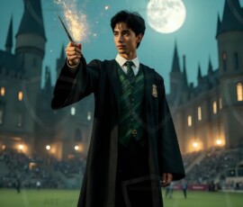 AI-generated wizards of the serpent house handsome shirtless mages of the wizard academy conjuring demonic snakes in dark cinematic UHD fantasy art.