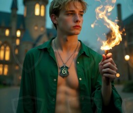 AI-generated wizards of the serpent house handsome shirtless mages of the wizard academy conjuring demonic snakes in dark cinematic UHD fantasy art.