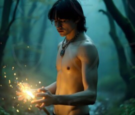 AI-generated wizards of the serpent house handsome shirtless mages of the wizard academy conjuring demonic snakes in dark cinematic UHD fantasy art.