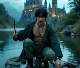 AI-generated wizards of the serpent house handsome shirtless mages of the wizard academy conjuring demonic snakes in dark cinematic UHD fantasy art.