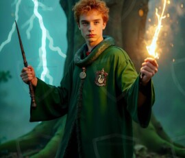 AI-generated wizards of the serpent house handsome shirtless mages of the wizard academy conjuring demonic snakes in dark cinematic UHD fantasy art.