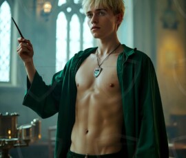 AI-generated wizards of the serpent house handsome shirtless mages of the wizard academy conjuring demonic snakes in dark cinematic UHD fantasy art.