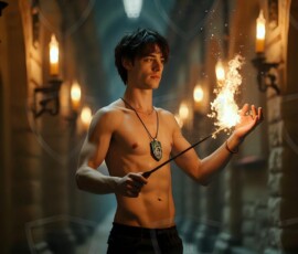AI-generated wizards of the serpent house handsome shirtless mages of the wizard academy conjuring demonic snakes in dark cinematic UHD fantasy art.