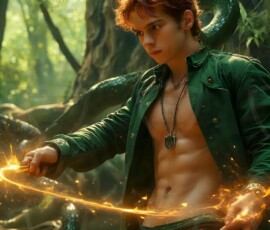AI-generated wizards of the serpent house handsome shirtless mages of the wizard academy conjuring demonic snakes in dark cinematic UHD fantasy art.