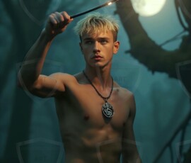 AI-generated wizards of the serpent house handsome shirtless mages of the wizard academy conjuring demonic snakes in dark cinematic UHD fantasy art.
