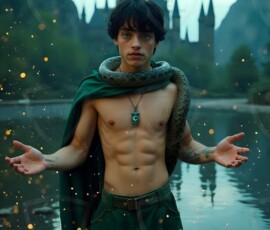 AI-generated wizards of the serpent house handsome shirtless mages of the wizard academy conjuring demonic snakes in dark cinematic UHD fantasy art.