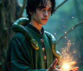 AI-generated wizards of the serpent house handsome shirtless mages of the wizard academy conjuring demonic snakes in dark cinematic UHD fantasy art.
