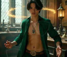 AI-generated wizards of the serpent house handsome shirtless mages of the wizard academy conjuring demonic snakes in dark cinematic UHD fantasy art.