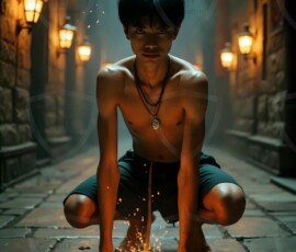 AI-generated wizards of the serpent house handsome shirtless mages of the wizard academy conjuring demonic snakes in dark cinematic UHD fantasy art.