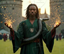AI-generated wizards of the serpent house handsome shirtless mages of the wizard academy conjuring demonic snakes in dark cinematic UHD fantasy art.
