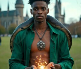 AI-generated wizards of the serpent house handsome shirtless mages of the wizard academy conjuring demonic snakes in dark cinematic UHD fantasy art.