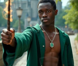 AI-generated wizards of the serpent house handsome shirtless mages of the wizard academy conjuring demonic snakes in dark cinematic UHD fantasy art.