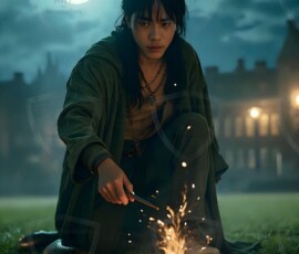 AI-generated wizards of the serpent house handsome shirtless mages of the wizard academy conjuring demonic snakes in dark cinematic UHD fantasy art.