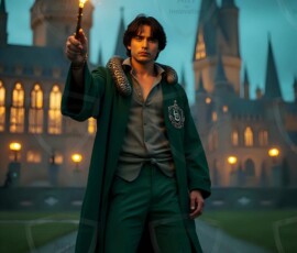 AI-generated wizards of the serpent house handsome shirtless mages of the wizard academy conjuring demonic snakes in dark cinematic UHD fantasy art.