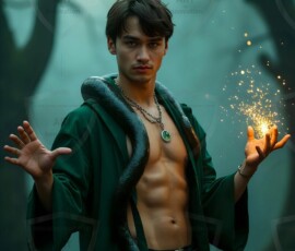 AI-generated wizards of the serpent house handsome shirtless mages of the wizard academy conjuring demonic snakes in dark cinematic UHD fantasy art.
