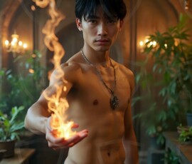 AI-generated wizards of the serpent house handsome shirtless mages of the wizard academy conjuring demonic snakes in dark cinematic UHD fantasy art.