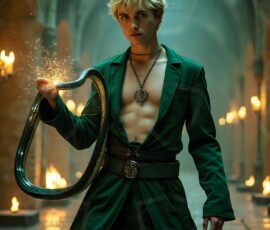 AI-generated wizards of the serpent house handsome shirtless mages of the wizard academy conjuring demonic snakes in dark cinematic UHD fantasy art.