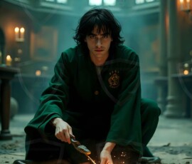 AI-generated wizards of the serpent house handsome shirtless mages of the wizard academy conjuring demonic snakes in dark cinematic UHD fantasy art.