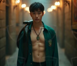 AI-generated wizards of the serpent house handsome shirtless mages of the wizard academy conjuring demonic snakes in dark cinematic UHD fantasy art.