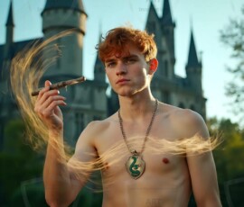AI-generated wizards of the serpent house handsome shirtless mages of the wizard academy conjuring demonic snakes in dark cinematic UHD fantasy art.